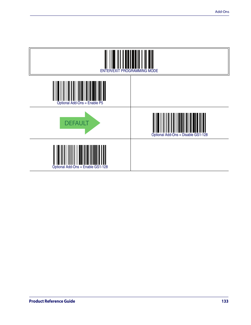 Default, Add-ons — cont | Rice Lake Datalogic QuickScan QD2100 Linear Imager Hand-held Scanner User Manual | Page 141 / 320