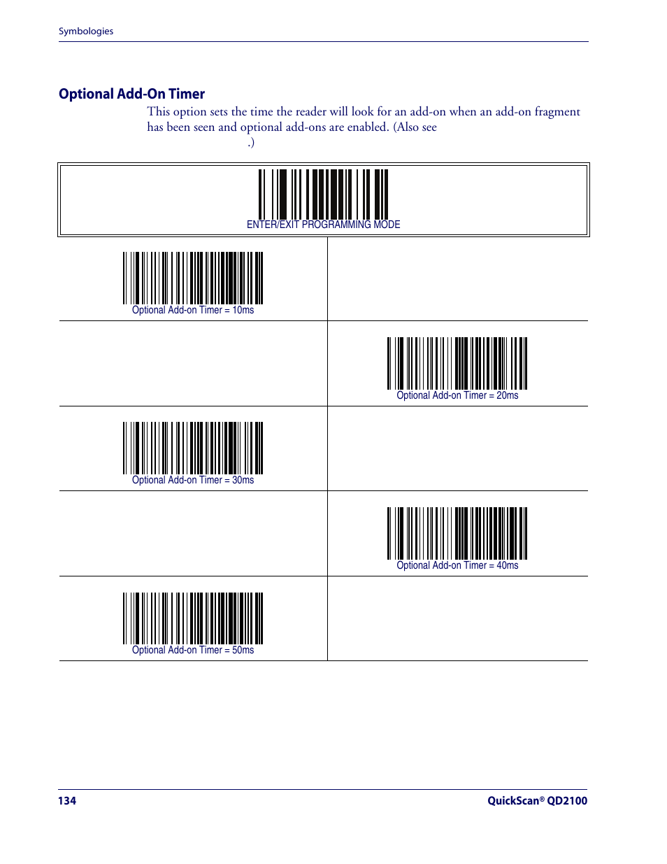 Optional add-on timer, Add-ons — cont | Rice Lake Datalogic QuickScan QD2100 Linear Imager Hand-held Scanner User Manual | Page 142 / 320