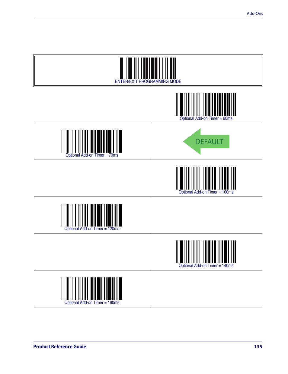 Default, Add-ons — cont, Optional add-on timer — cont | Rice Lake Datalogic QuickScan QD2100 Linear Imager Hand-held Scanner User Manual | Page 143 / 320