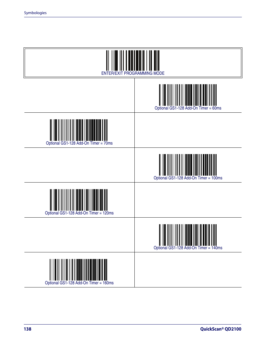 Add-ons — cont, Optional gs1-128 add-on timer — cont | Rice Lake Datalogic QuickScan QD2100 Linear Imager Hand-held Scanner User Manual | Page 146 / 320