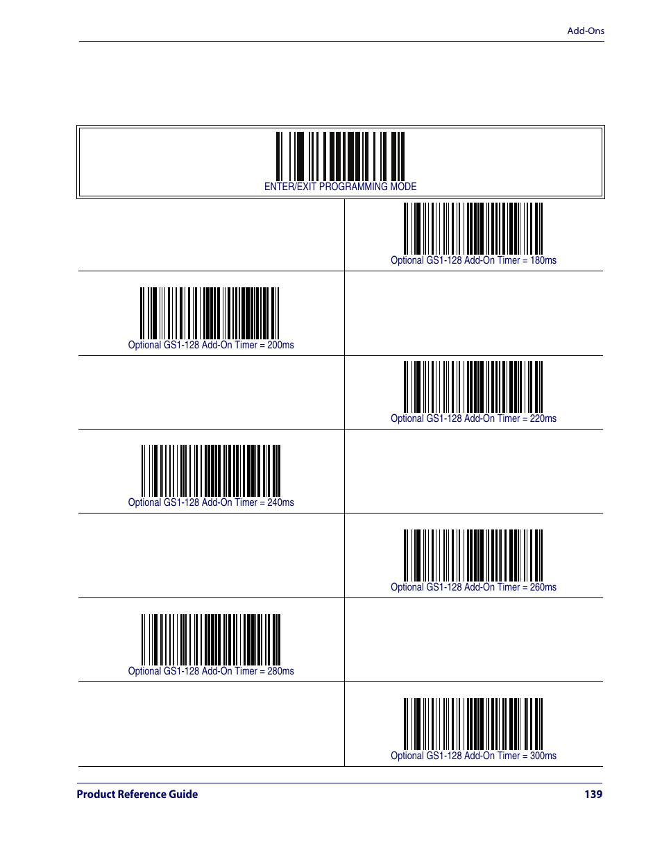 Add-ons — cont, Optional gs1-128 add-on timer — cont | Rice Lake Datalogic QuickScan QD2100 Linear Imager Hand-held Scanner User Manual | Page 147 / 320