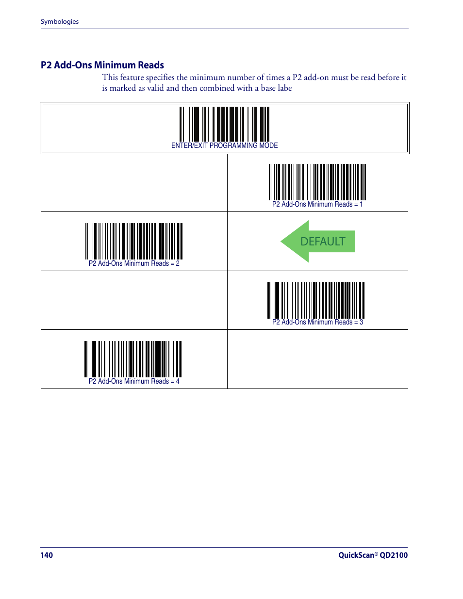 P2 add-ons minimum reads, Default, Add-ons — cont | Rice Lake Datalogic QuickScan QD2100 Linear Imager Hand-held Scanner User Manual | Page 148 / 320