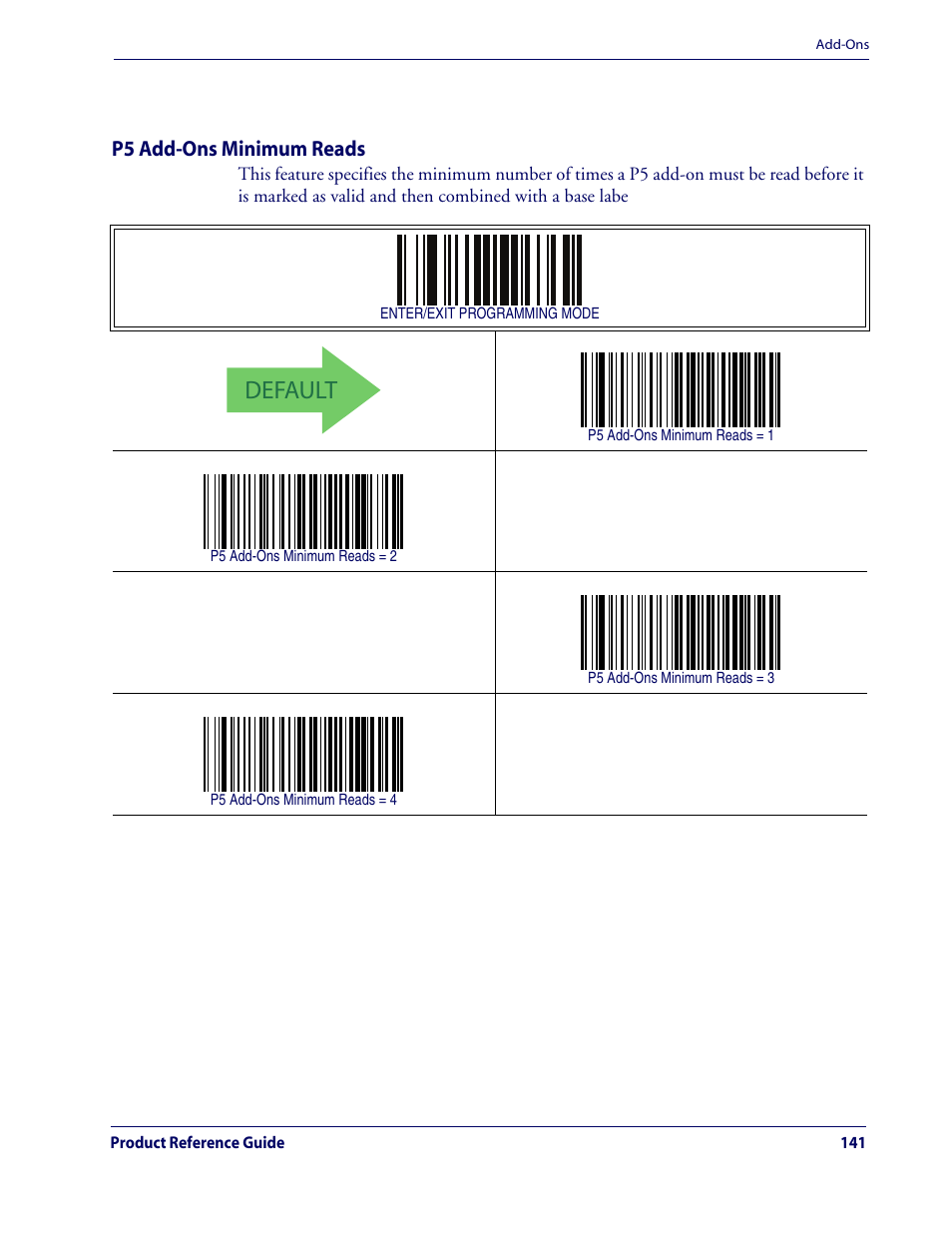 P5 add-ons minimum reads, Default, Add-ons — cont | Rice Lake Datalogic QuickScan QD2100 Linear Imager Hand-held Scanner User Manual | Page 149 / 320