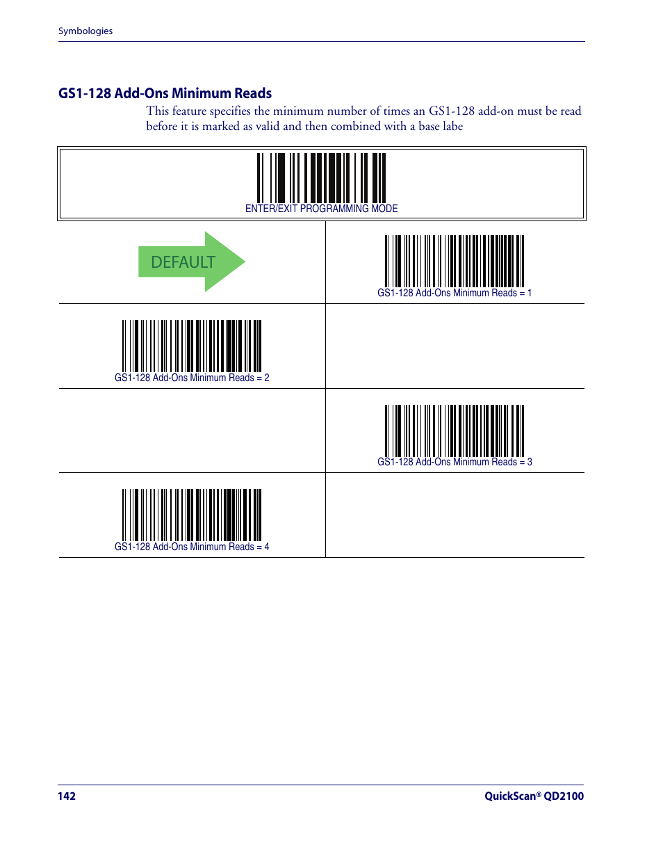 Gs1-128 add-ons minimum reads, Default, Add-ons — cont | Rice Lake Datalogic QuickScan QD2100 Linear Imager Hand-held Scanner User Manual | Page 150 / 320