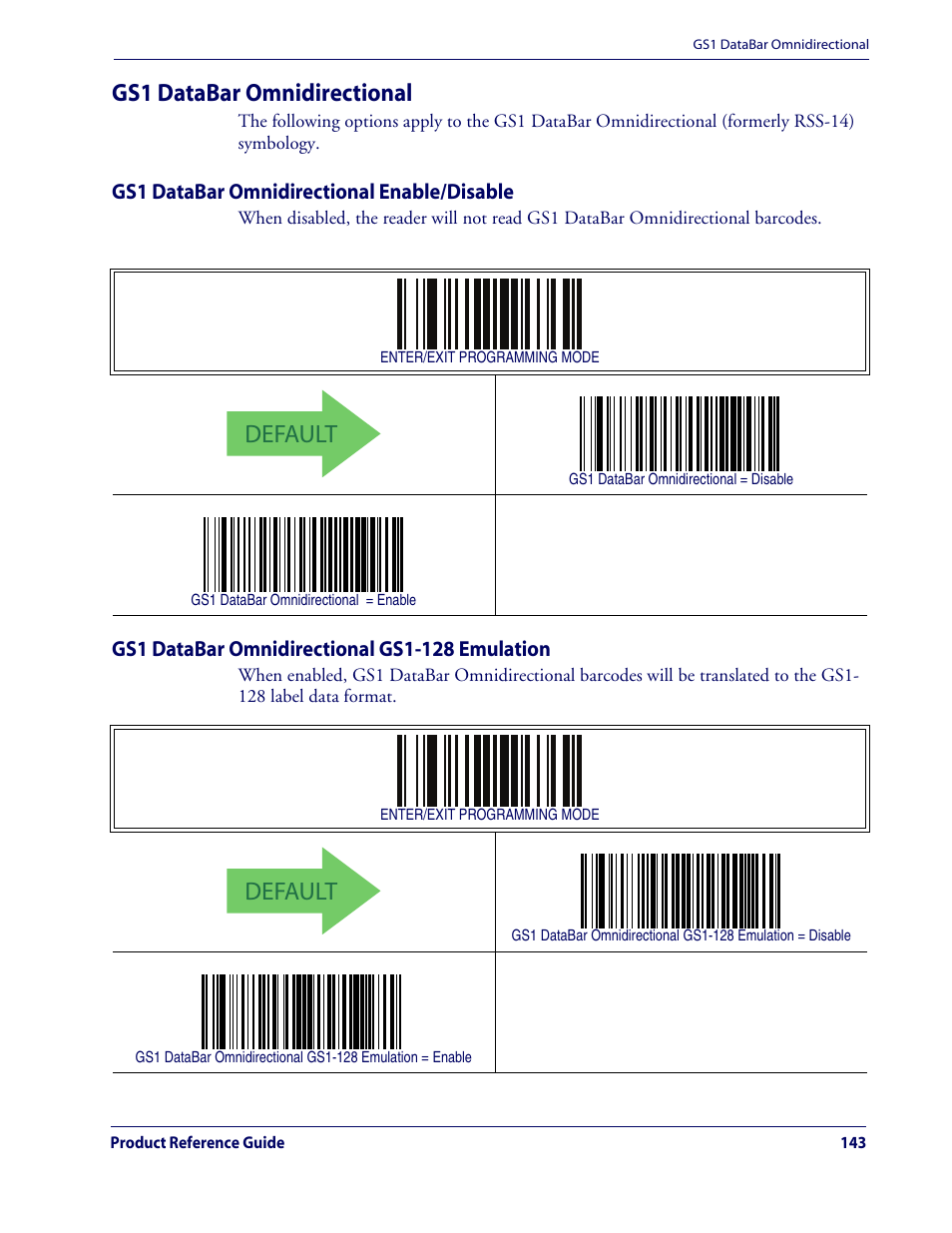 Gs1 databar omnidirectional, Gs1 databar omnidirectional enable/disable, Gs1 databar omnidirectional gs1-128 emulation | Default | Rice Lake Datalogic QuickScan QD2100 Linear Imager Hand-held Scanner User Manual | Page 151 / 320