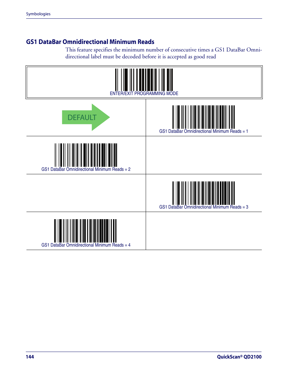 Gs1 databar omnidirectional minimum reads, Default, Gs1 databar omnidirectional — cont | Rice Lake Datalogic QuickScan QD2100 Linear Imager Hand-held Scanner User Manual | Page 152 / 320