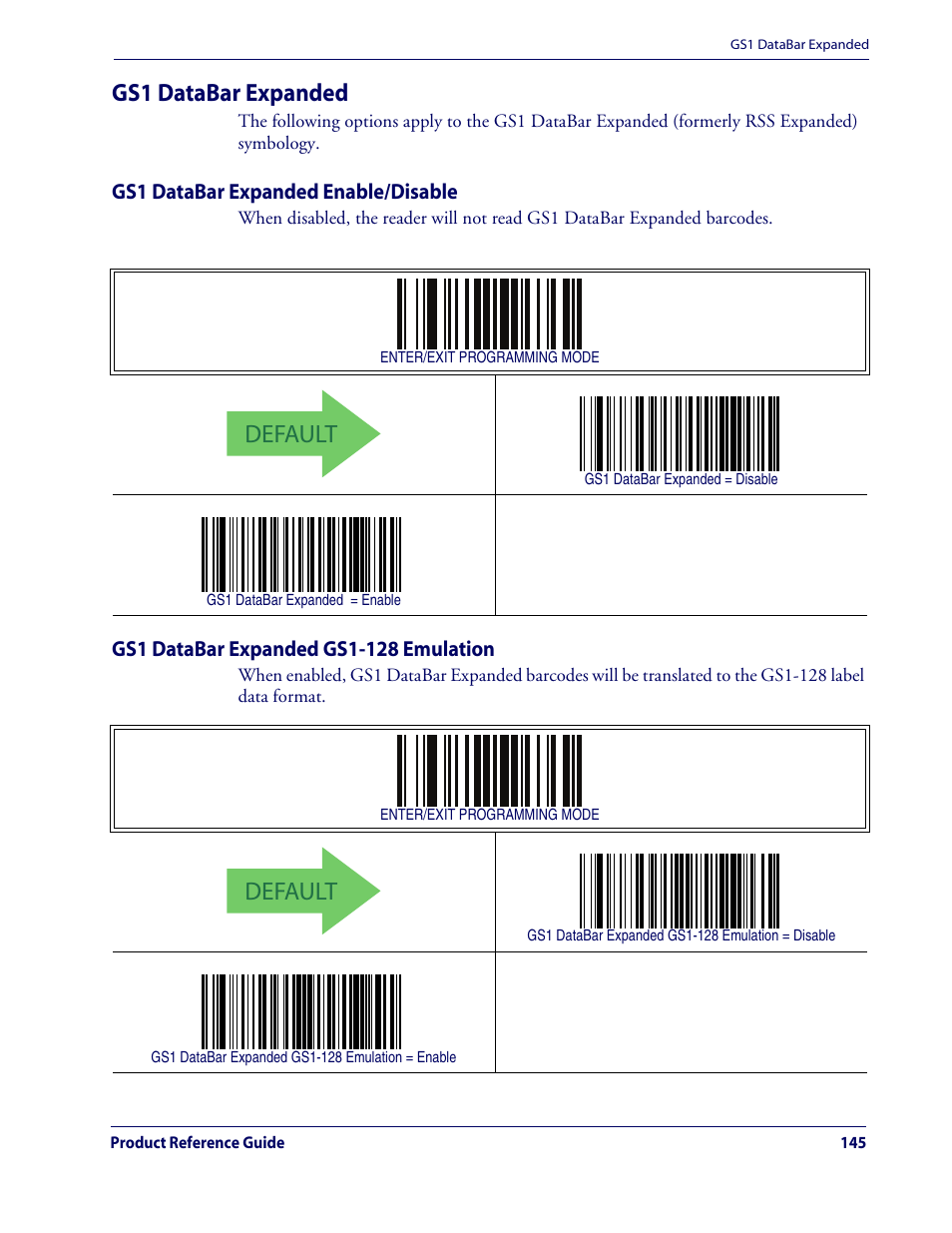 Gs1 databar expanded, Gs1 databar expanded enable/disable, Gs1 databar expanded gs1-128 emulation | Default | Rice Lake Datalogic QuickScan QD2100 Linear Imager Hand-held Scanner User Manual | Page 153 / 320