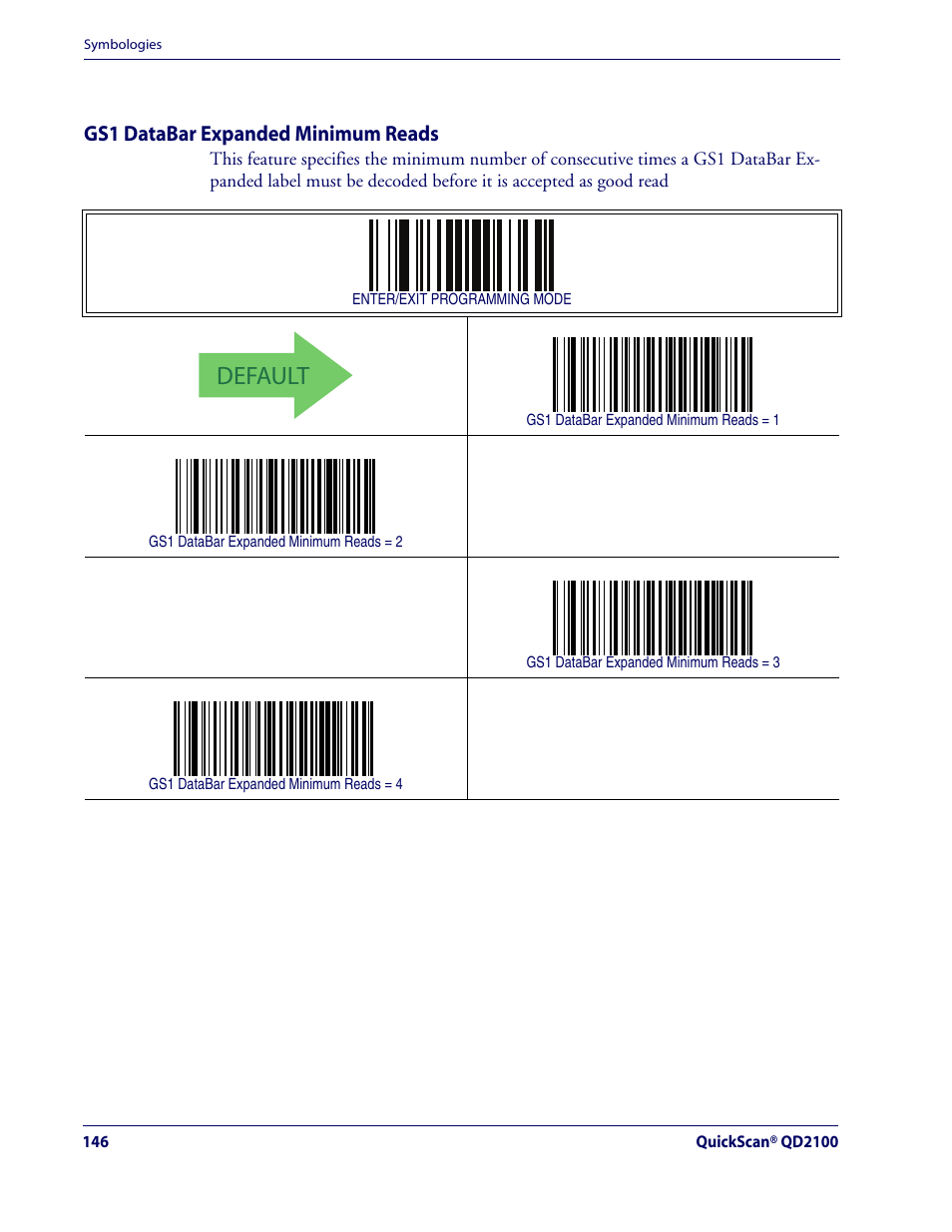 Gs1 databar expanded minimum reads, Default, Gs1 databar expanded — cont | Rice Lake Datalogic QuickScan QD2100 Linear Imager Hand-held Scanner User Manual | Page 154 / 320