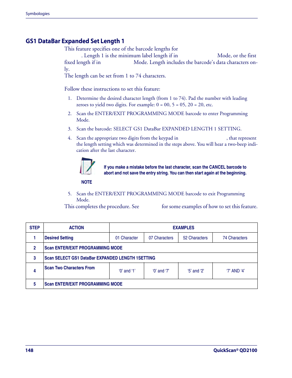 Gs1 databar expanded set length 1, Gs1 databar expanded — cont | Rice Lake Datalogic QuickScan QD2100 Linear Imager Hand-held Scanner User Manual | Page 156 / 320