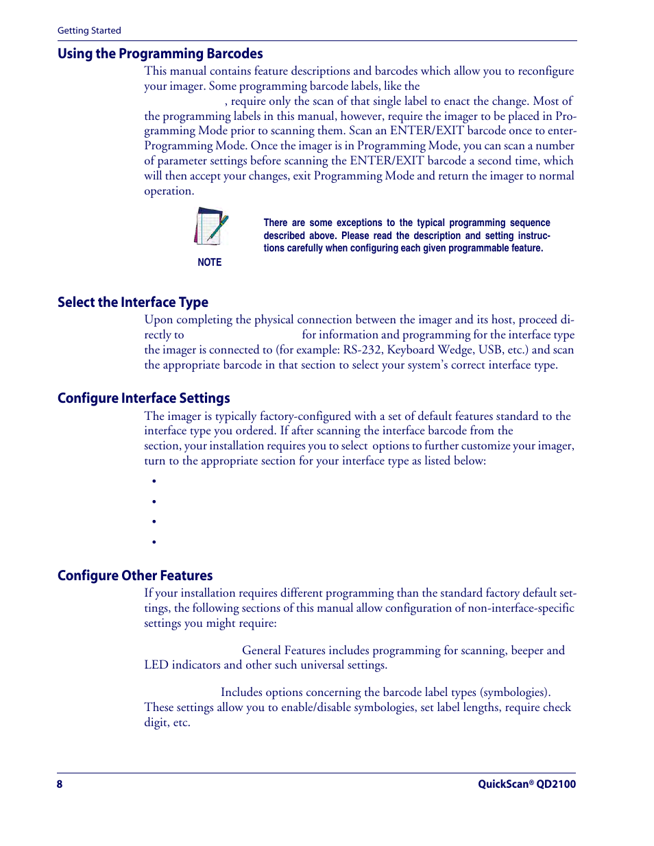 Using the programming barcodes, Select the interface type, Configure interface settings | Configure other features | Rice Lake Datalogic QuickScan QD2100 Linear Imager Hand-held Scanner User Manual | Page 16 / 320