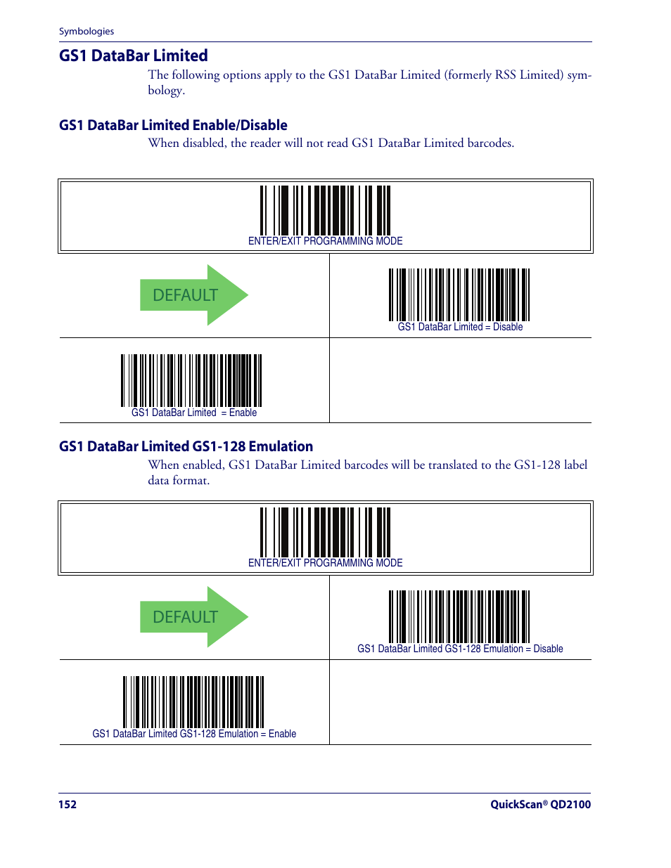 Gs1 databar limited, Gs1 databar limited enable/disable, Gs1 databar limited gs1-128 emulation | Default | Rice Lake Datalogic QuickScan QD2100 Linear Imager Hand-held Scanner User Manual | Page 160 / 320