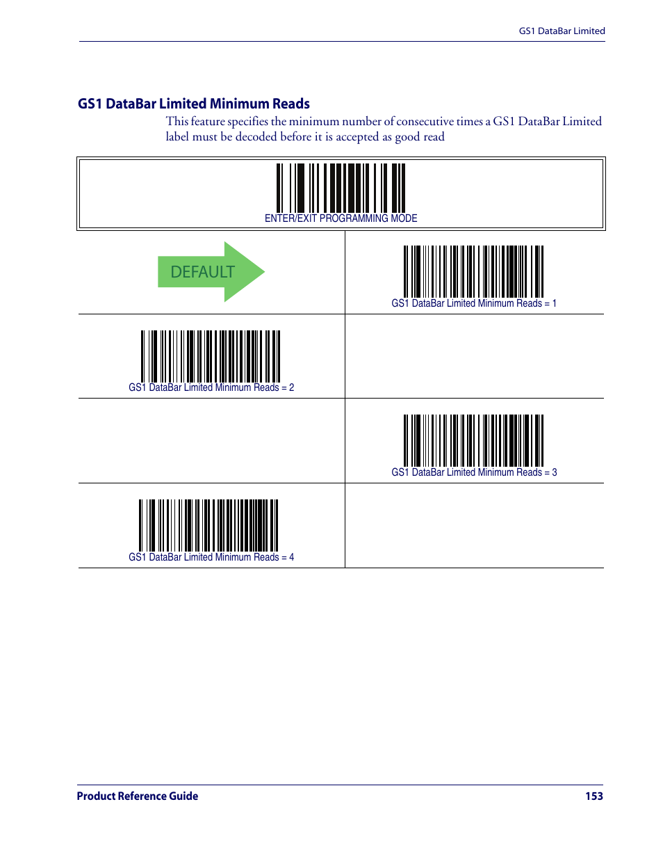 Gs1 databar limited minimum reads, Default, Gs1 databar limited — cont | Rice Lake Datalogic QuickScan QD2100 Linear Imager Hand-held Scanner User Manual | Page 161 / 320