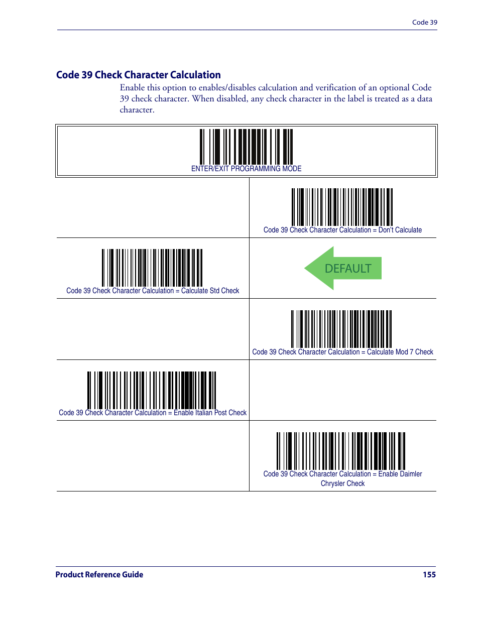 Code 39 check character calculation, Default, Code 39 — cont | Rice Lake Datalogic QuickScan QD2100 Linear Imager Hand-held Scanner User Manual | Page 163 / 320