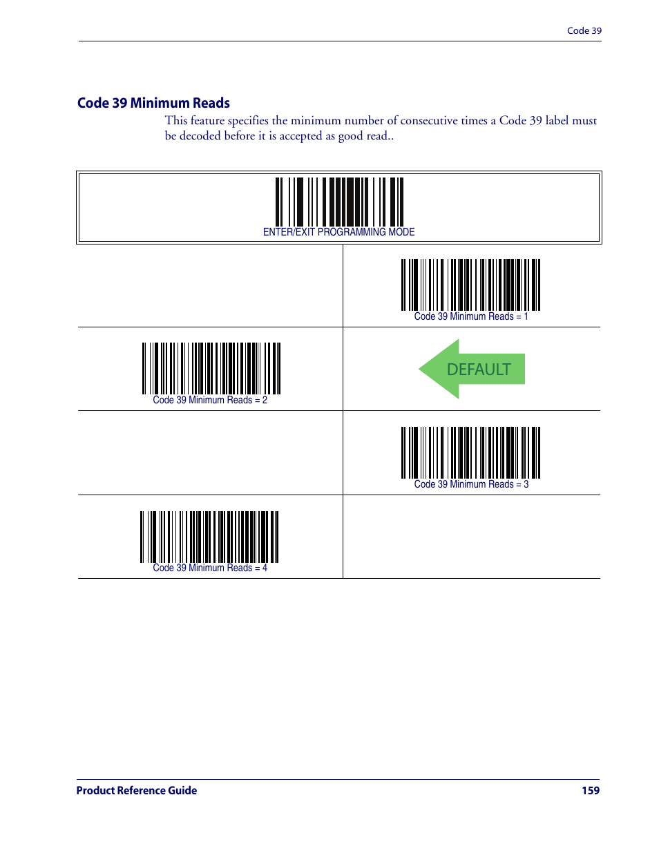 Code 39 minimum reads, Default, Code 39 — cont | Rice Lake Datalogic QuickScan QD2100 Linear Imager Hand-held Scanner User Manual | Page 167 / 320