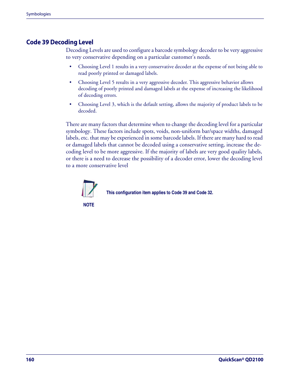 Code 39 decoding level, Code 39 — cont | Rice Lake Datalogic QuickScan QD2100 Linear Imager Hand-held Scanner User Manual | Page 168 / 320