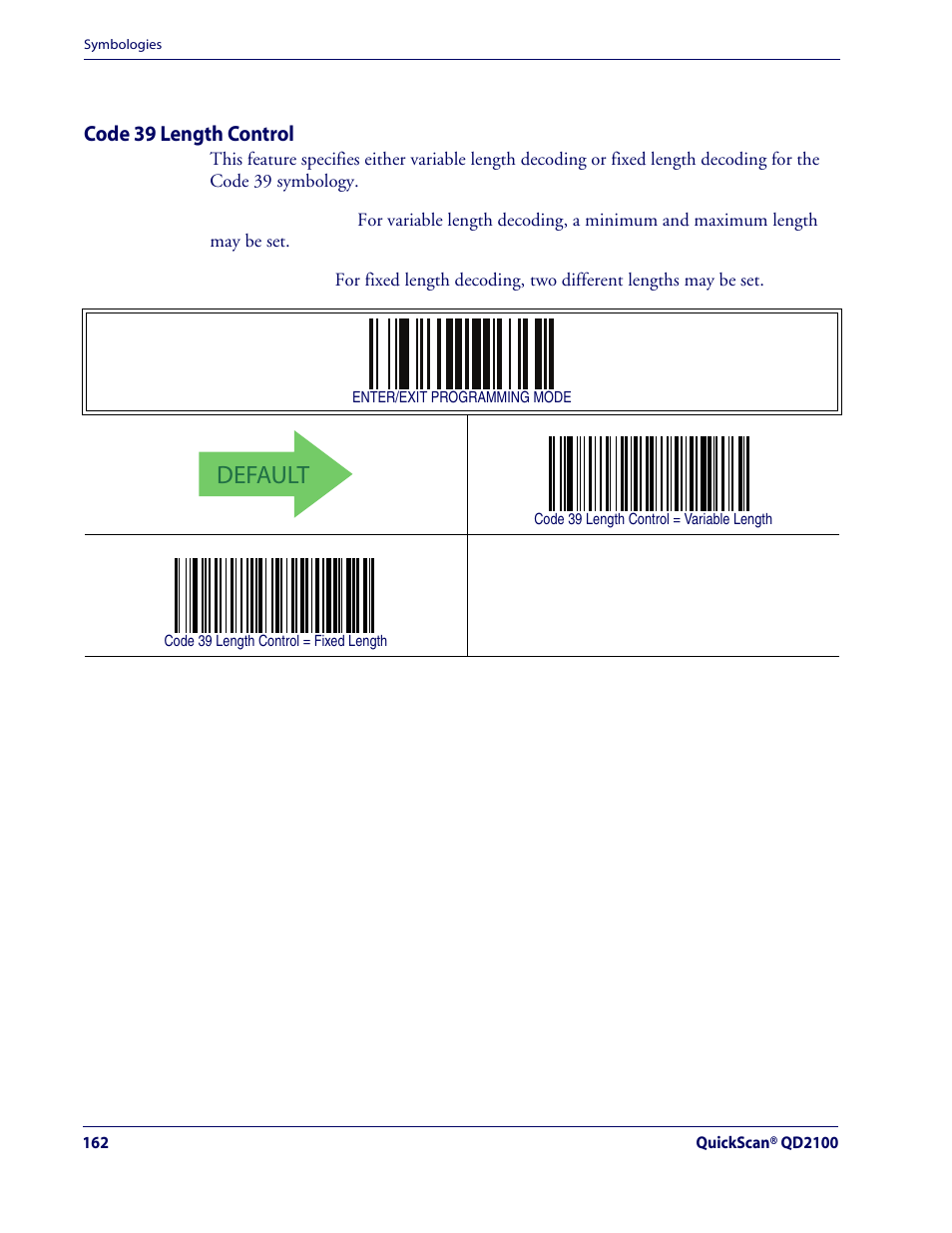 Code 39 length control, Default, Code 39 — cont | Rice Lake Datalogic QuickScan QD2100 Linear Imager Hand-held Scanner User Manual | Page 170 / 320