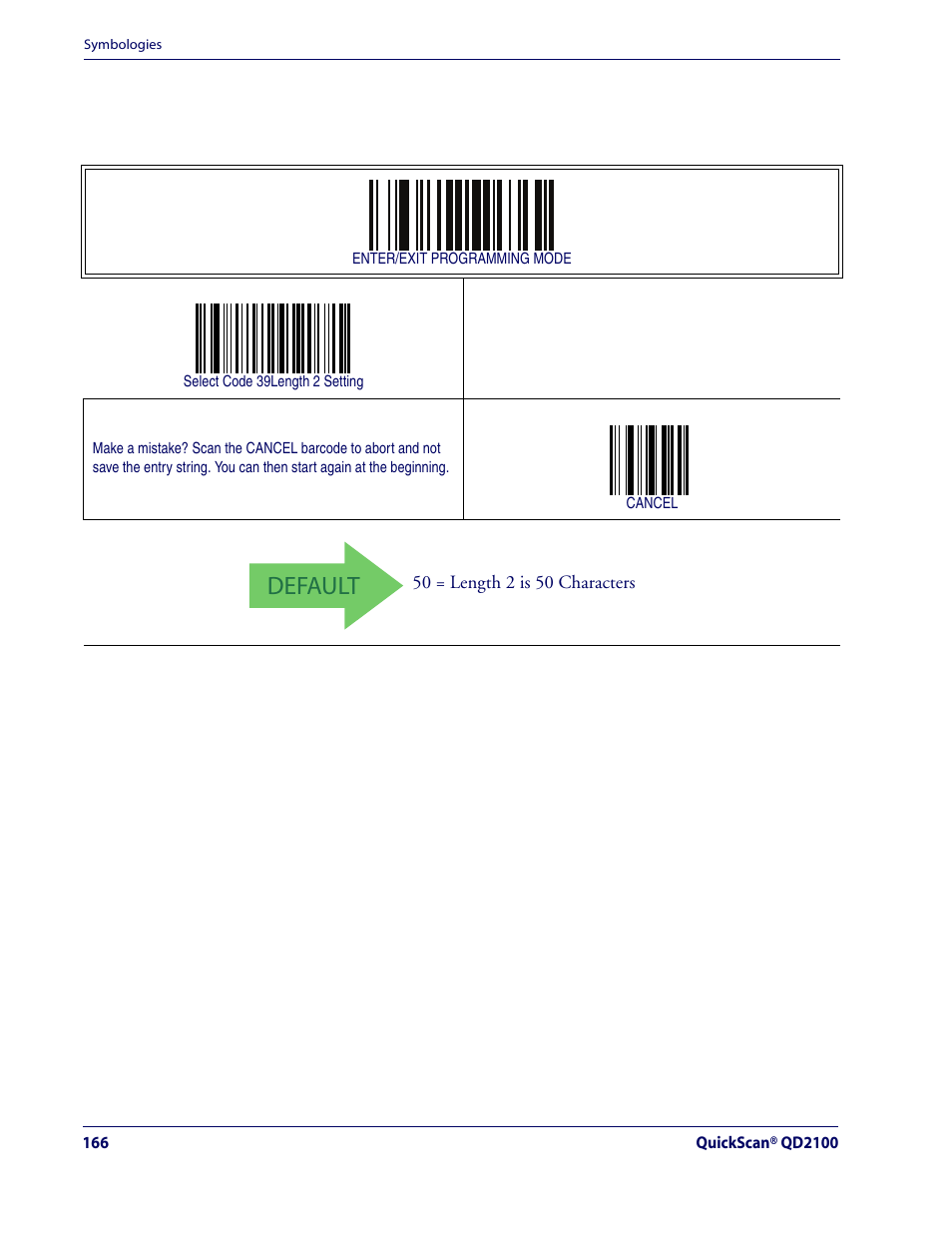 Default, Code 39 — cont | Rice Lake Datalogic QuickScan QD2100 Linear Imager Hand-held Scanner User Manual | Page 174 / 320