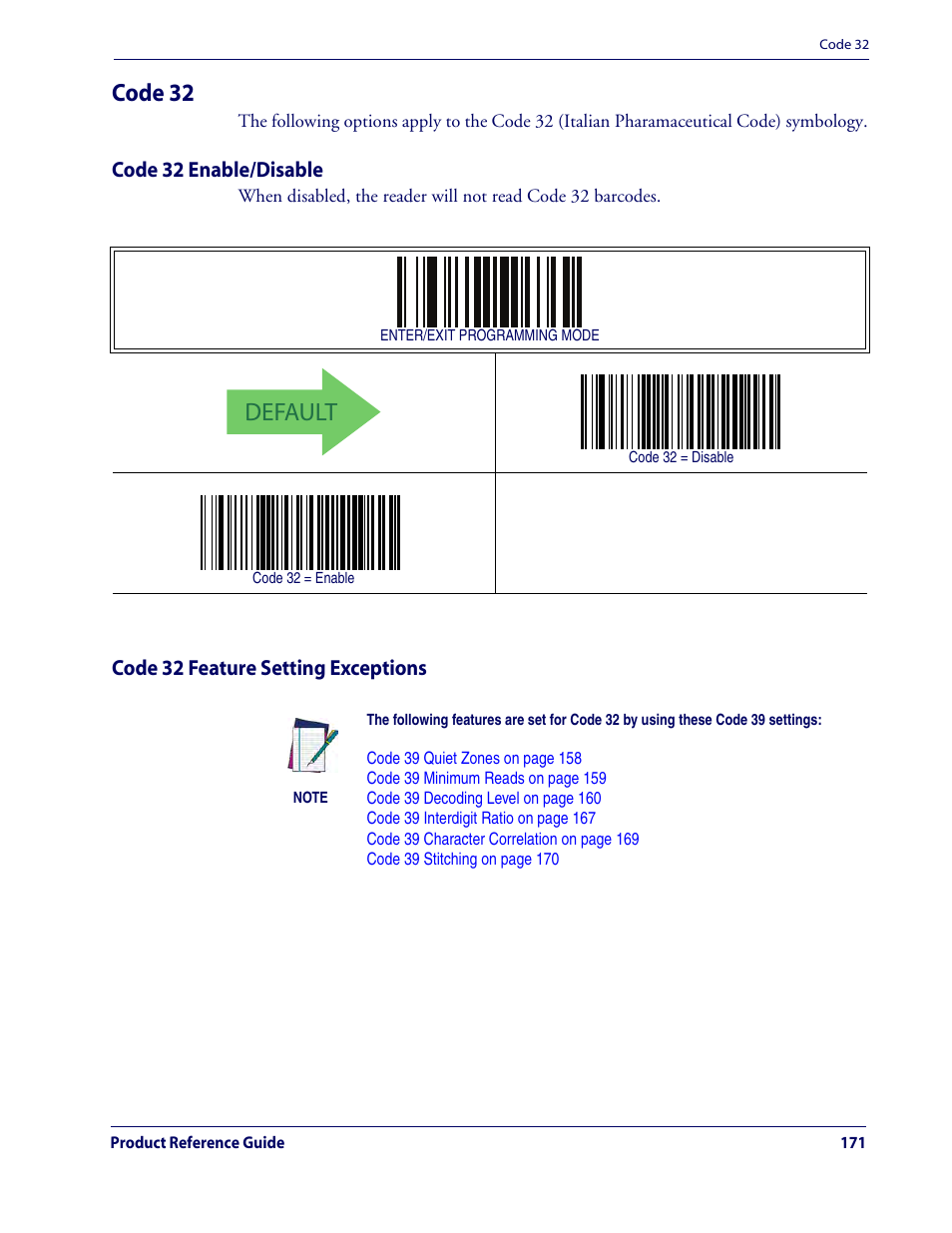 Code 32, Code 32 enable/disable, Code 32 feature setting exceptions | Default | Rice Lake Datalogic QuickScan QD2100 Linear Imager Hand-held Scanner User Manual | Page 179 / 320