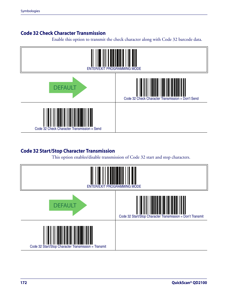 Code 32 check character transmission, Code 32 start/stop character transmission, Default | Code 32 — cont | Rice Lake Datalogic QuickScan QD2100 Linear Imager Hand-held Scanner User Manual | Page 180 / 320