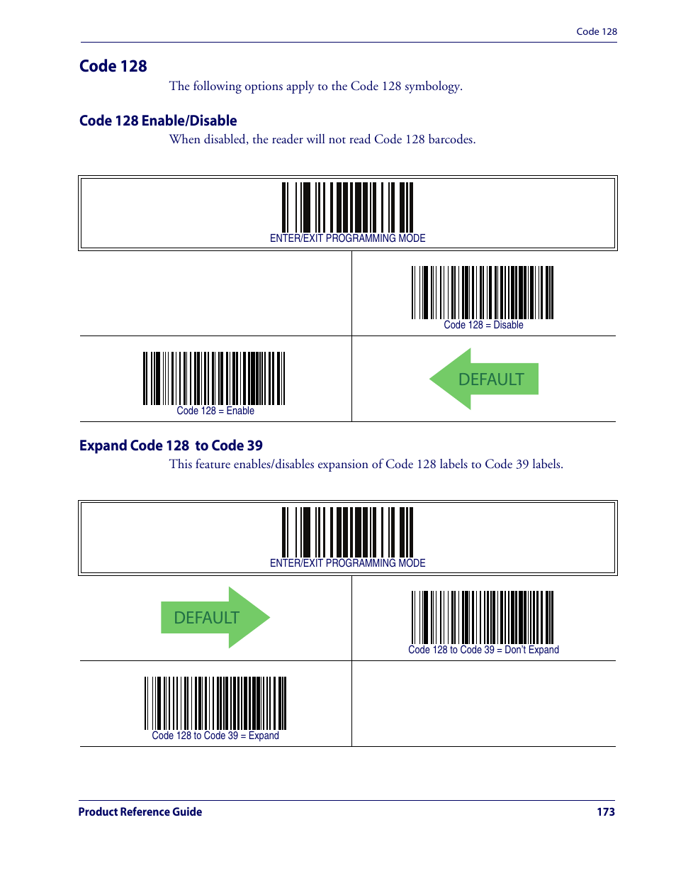 Code 128, Code 128 enable/disable, Expand code 128 to code 39 | Code 128 enable/disable expand code 128 to code 39, Default | Rice Lake Datalogic QuickScan QD2100 Linear Imager Hand-held Scanner User Manual | Page 181 / 320