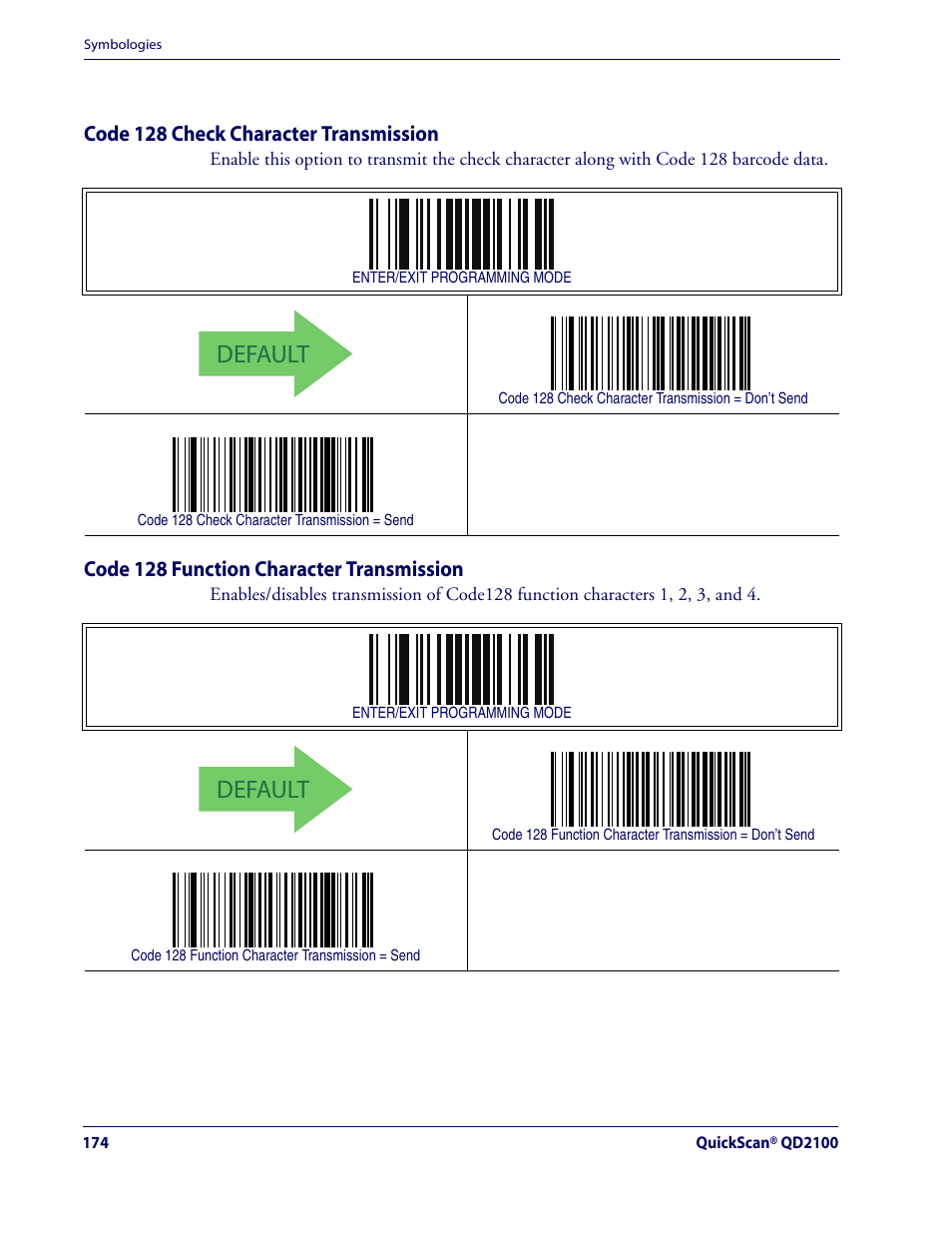 Code 128 check character transmission, Code 128 function character transmission, Default | Code 128 — cont | Rice Lake Datalogic QuickScan QD2100 Linear Imager Hand-held Scanner User Manual | Page 182 / 320