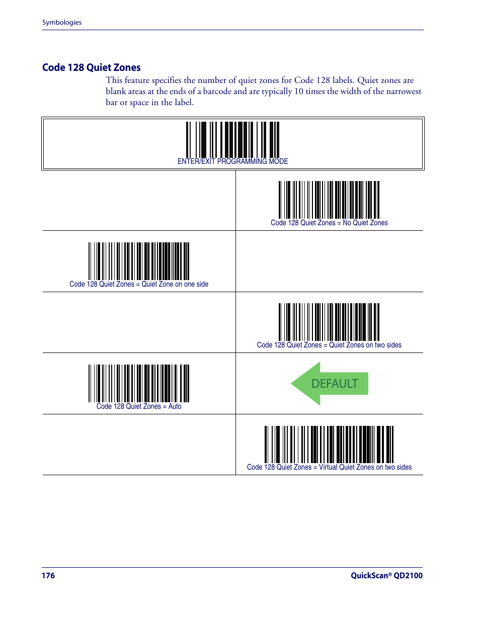 Code 128 quiet zones, Default, Code 128 — cont | Rice Lake Datalogic QuickScan QD2100 Linear Imager Hand-held Scanner User Manual | Page 184 / 320