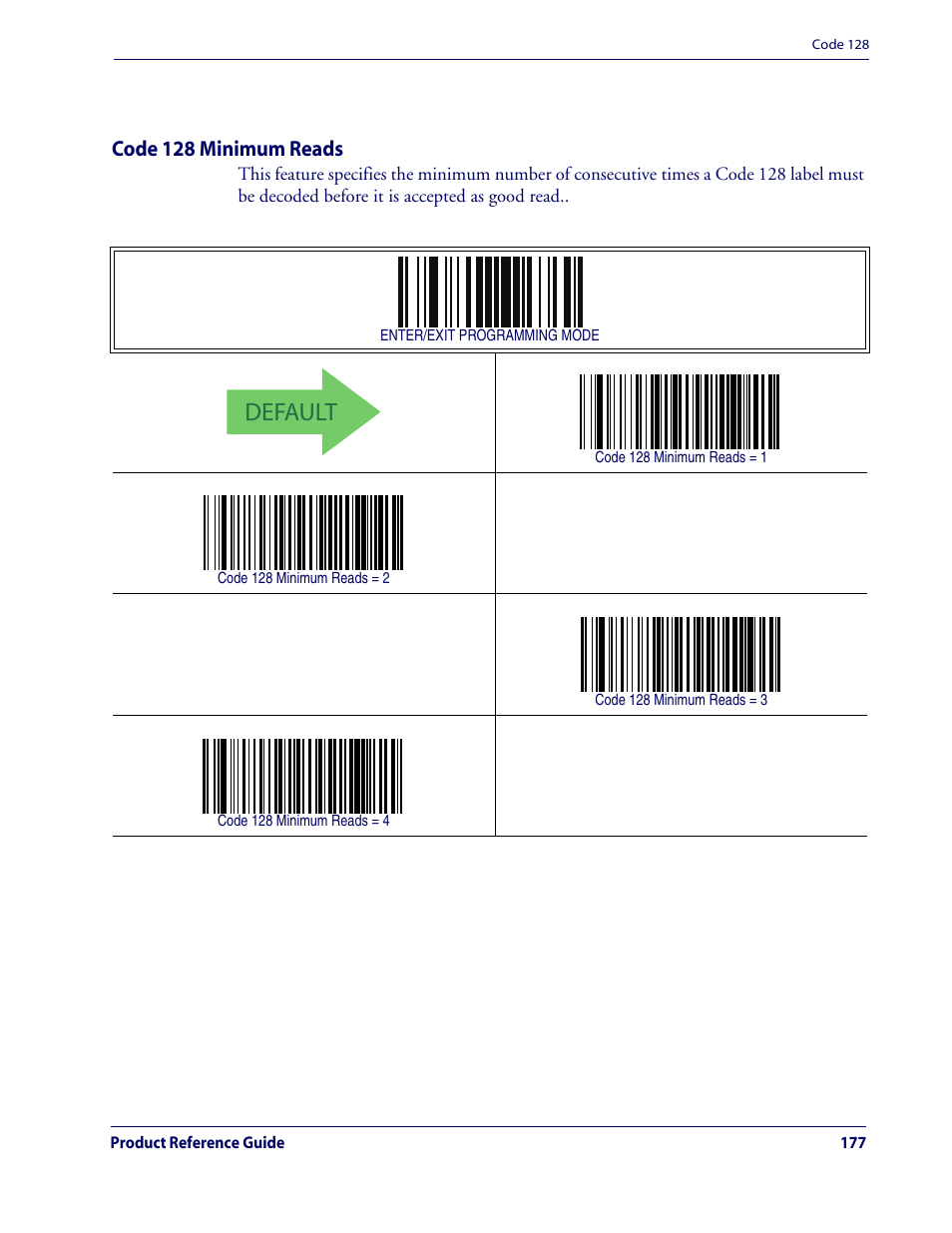 Code 128 minimum reads, Default, Code 128 — cont | Rice Lake Datalogic QuickScan QD2100 Linear Imager Hand-held Scanner User Manual | Page 185 / 320