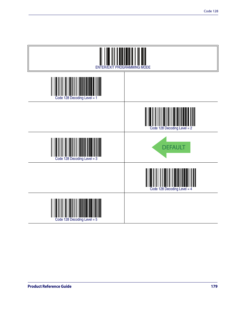 Default, Code 128 — cont, Code 128 decoding level — cont | Rice Lake Datalogic QuickScan QD2100 Linear Imager Hand-held Scanner User Manual | Page 187 / 320