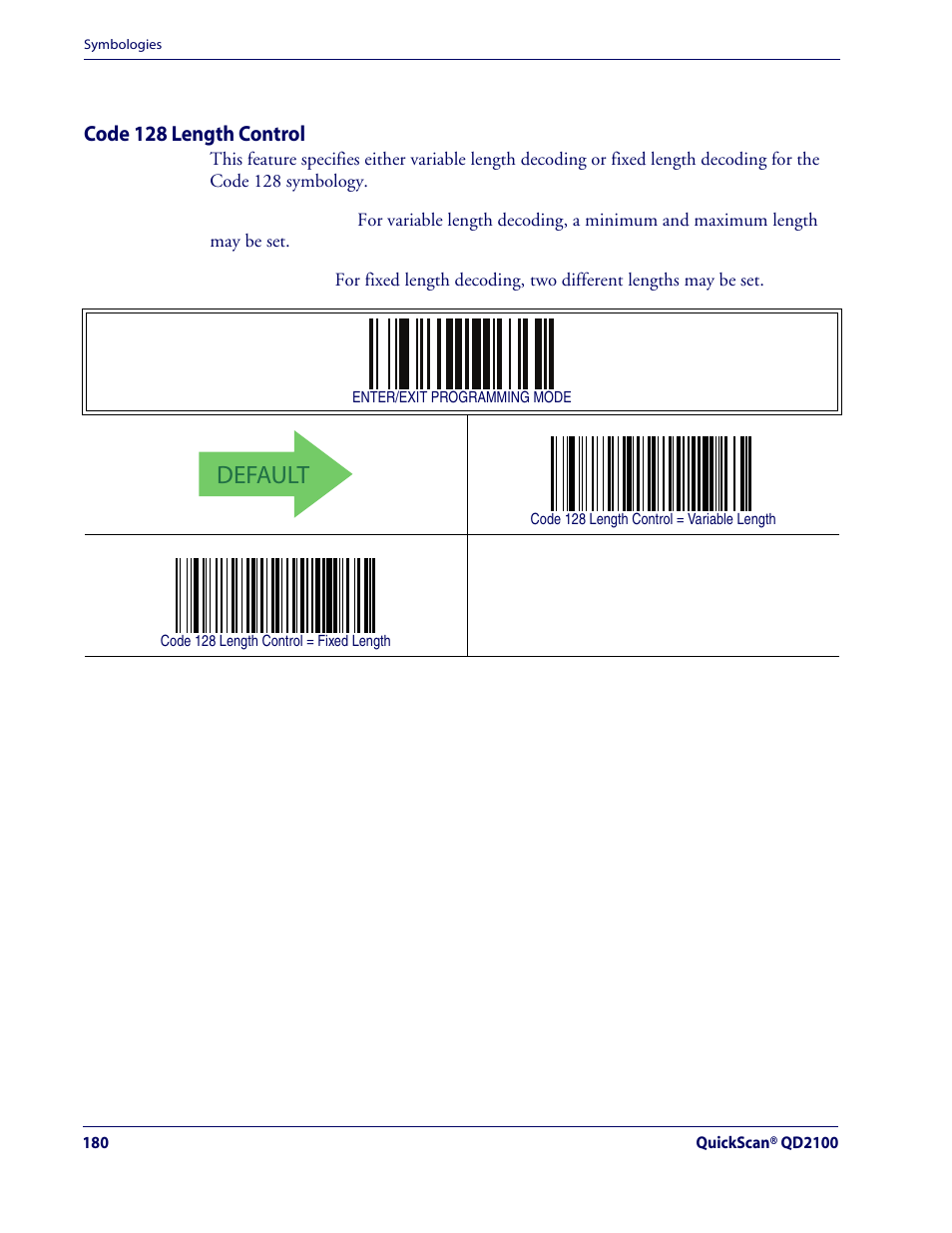 Code 128 length control, Default, Code 128 — cont | Rice Lake Datalogic QuickScan QD2100 Linear Imager Hand-held Scanner User Manual | Page 188 / 320