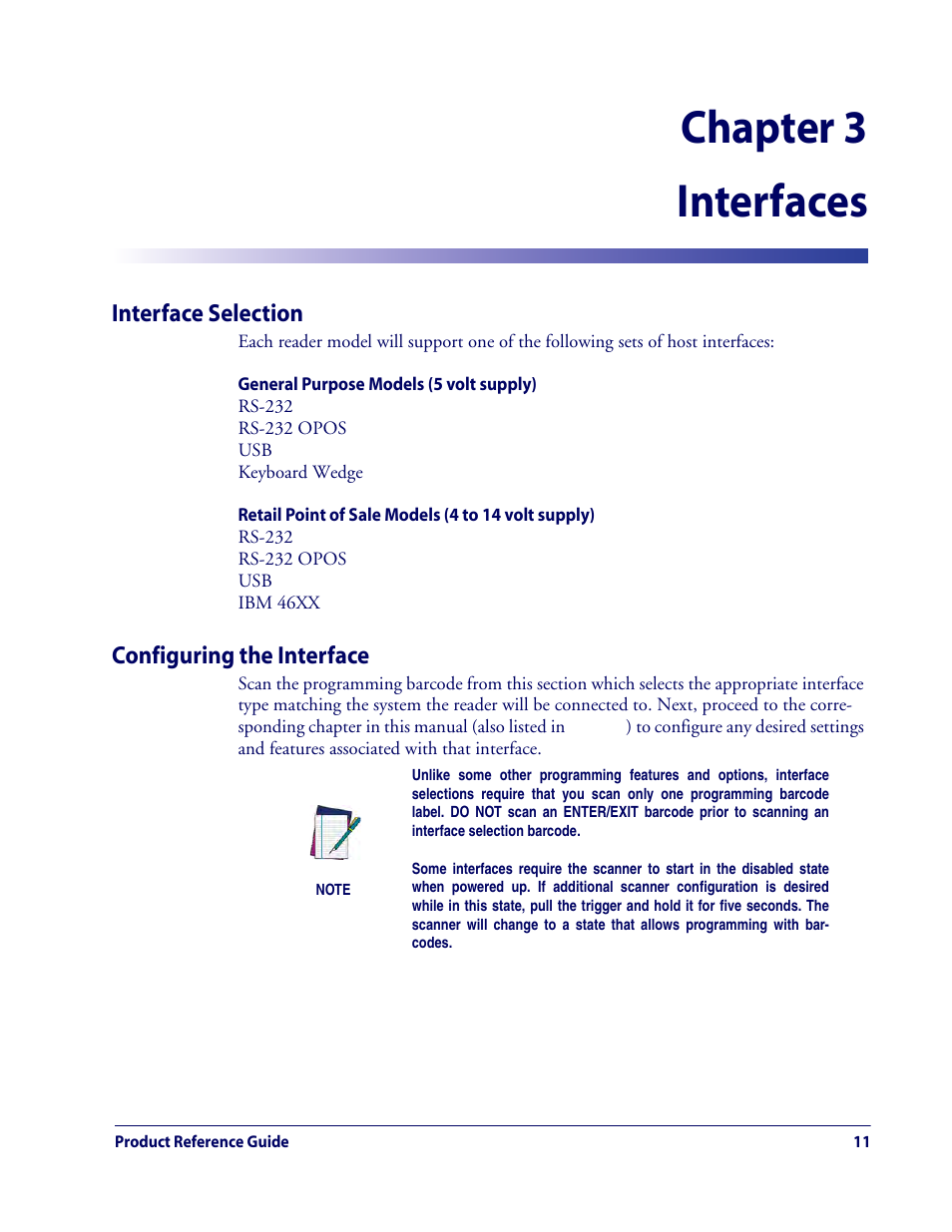 Interfaces, Interface selection, Configuring the interface | Chapter 3. interfaces, Interface selection configuring the interface, Chapter 3, interfaces, For in, Anning the interface barcode from the, Chapter 3 interfaces | Rice Lake Datalogic QuickScan QD2100 Linear Imager Hand-held Scanner User Manual | Page 19 / 320