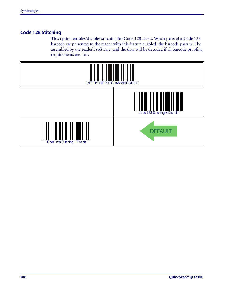 Code 128 stitching, Default, Code 128 — cont | Rice Lake Datalogic QuickScan QD2100 Linear Imager Hand-held Scanner User Manual | Page 194 / 320
