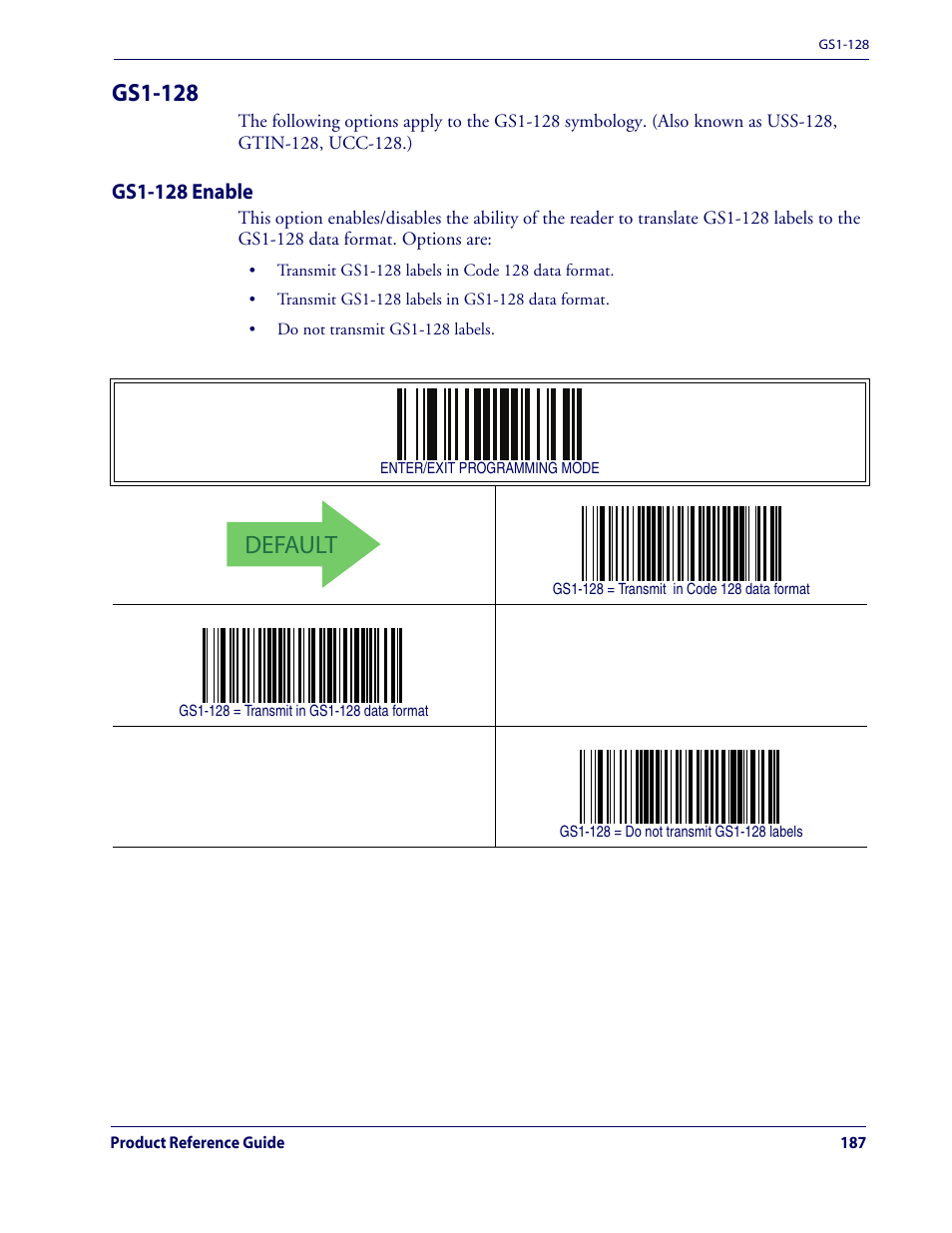 Gs1-128, Gs1-128 enable, Default | Rice Lake Datalogic QuickScan QD2100 Linear Imager Hand-held Scanner User Manual | Page 195 / 320