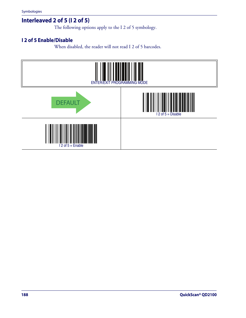 Interleaved 2 of 5 (i 2 of 5), I 2 of 5 enable/disable, Default | Rice Lake Datalogic QuickScan QD2100 Linear Imager Hand-held Scanner User Manual | Page 196 / 320