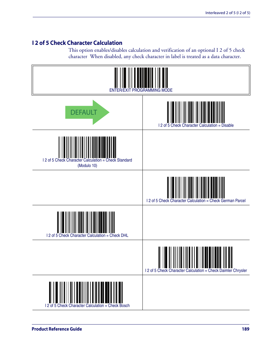 I 2 of 5 check character calculation, Default, Interleaved 2 of 5 (i 2 of 5) — cont | Rice Lake Datalogic QuickScan QD2100 Linear Imager Hand-held Scanner User Manual | Page 197 / 320