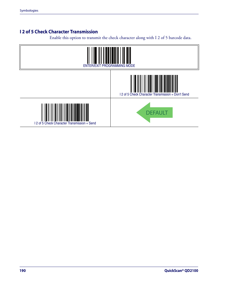 I 2 of 5 check character transmission, Default, Interleaved 2 of 5 (i 2 of 5) — cont | Rice Lake Datalogic QuickScan QD2100 Linear Imager Hand-held Scanner User Manual | Page 198 / 320