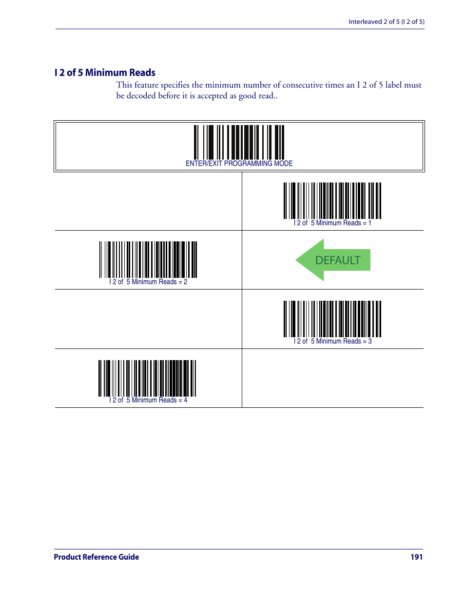 I 2 of 5 minimum reads, Default, Interleaved 2 of 5 (i 2 of 5) — cont | Rice Lake Datalogic QuickScan QD2100 Linear Imager Hand-held Scanner User Manual | Page 199 / 320