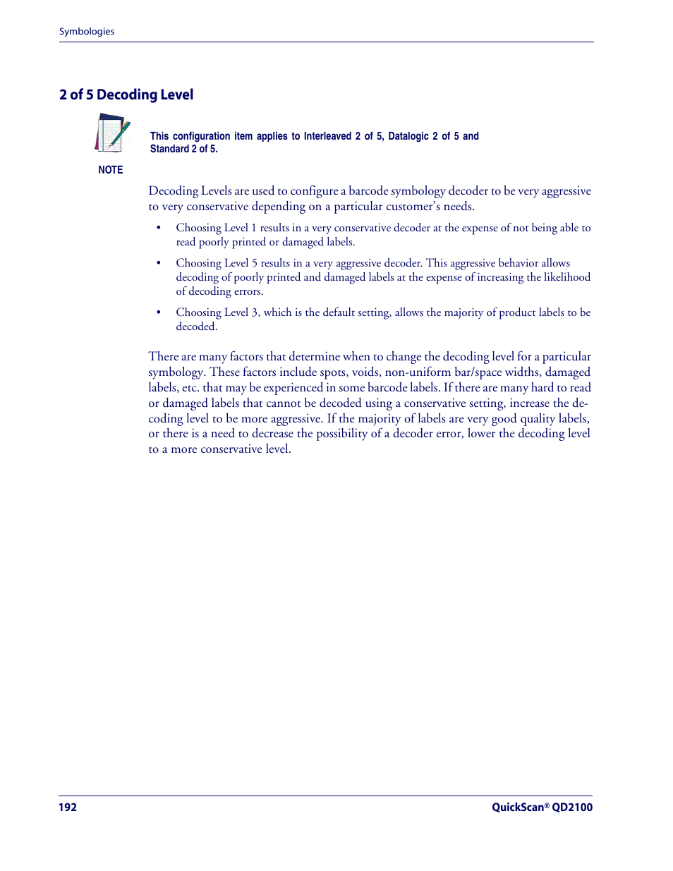 2 of 5 decoding level, Interleaved 2 of 5 (i 2 of 5) — cont | Rice Lake Datalogic QuickScan QD2100 Linear Imager Hand-held Scanner User Manual | Page 200 / 320