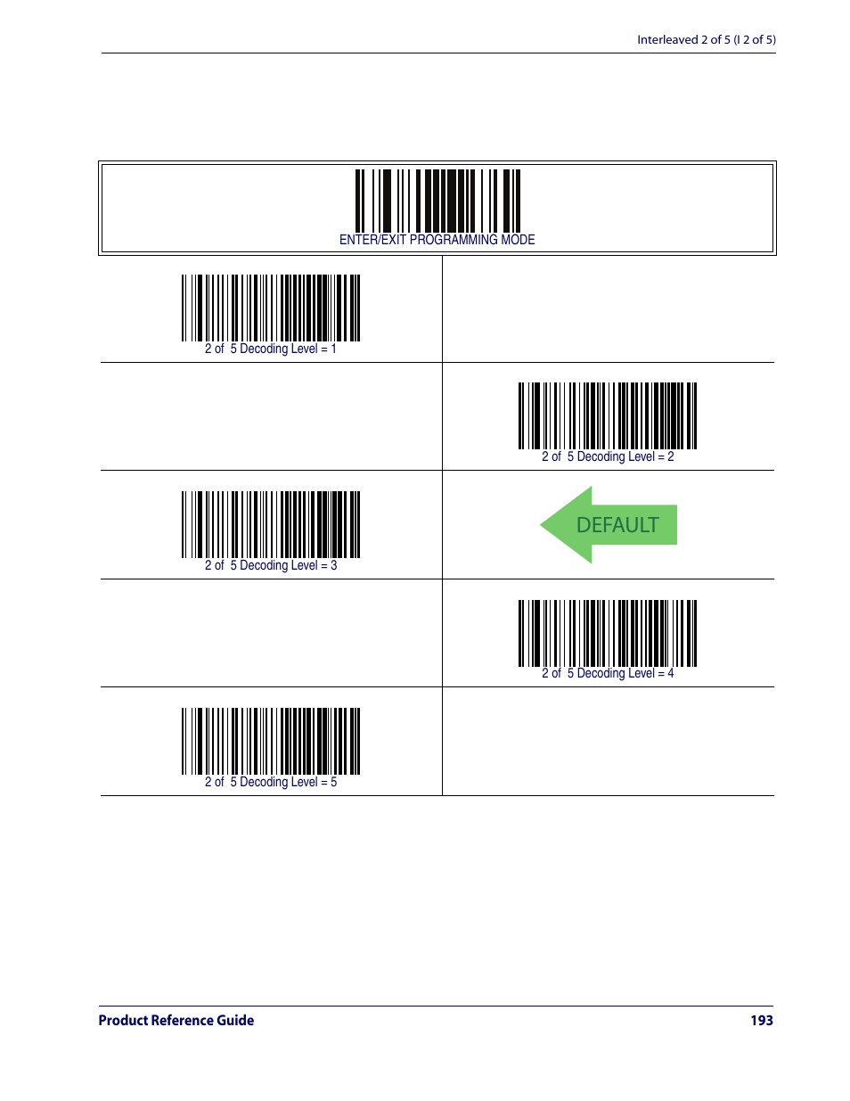 Default, Interleaved 2 of 5 (i 2 of 5) — cont, 2 of 5 decoding level — cont | Rice Lake Datalogic QuickScan QD2100 Linear Imager Hand-held Scanner User Manual | Page 201 / 320