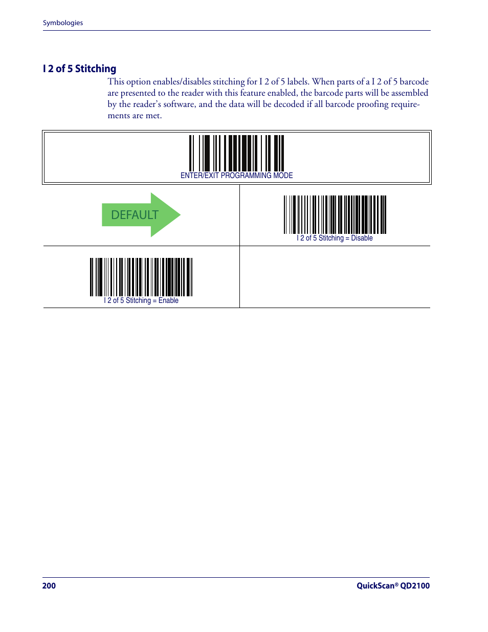 I 2 of 5 stitching, Default, Interleaved 2 of 5 (i 2 of 5) — cont | Rice Lake Datalogic QuickScan QD2100 Linear Imager Hand-held Scanner User Manual | Page 208 / 320