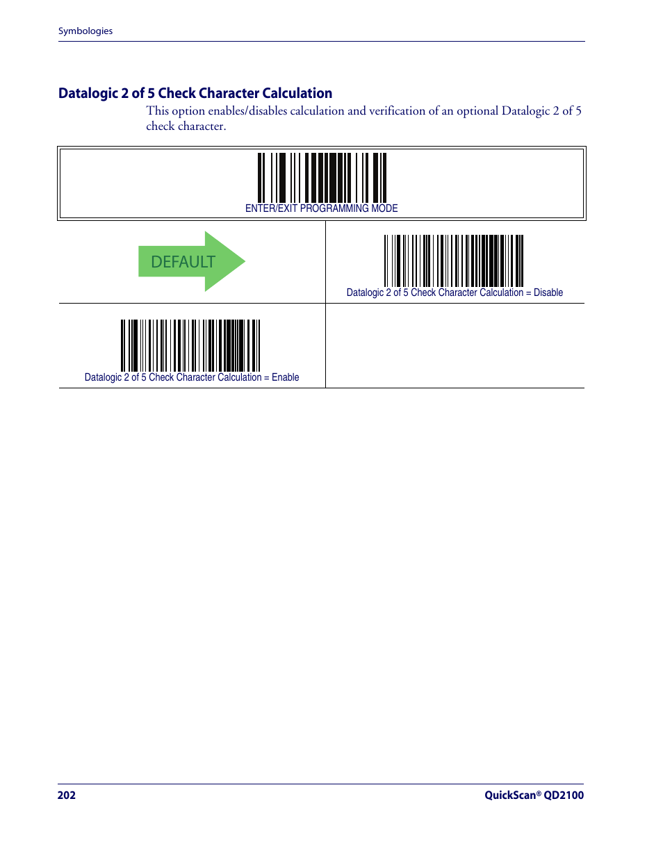 Datalogic 2 of 5 check character calculation, Default, Datalogic 2 of 5 — cont | Rice Lake Datalogic QuickScan QD2100 Linear Imager Hand-held Scanner User Manual | Page 210 / 320