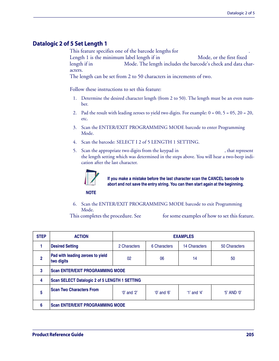 Datalogic 2 of 5 set length 1, This completes the procedure. see, Table 27 | For some examples of, Datalogic 2 of 5 — cont | Rice Lake Datalogic QuickScan QD2100 Linear Imager Hand-held Scanner User Manual | Page 213 / 320