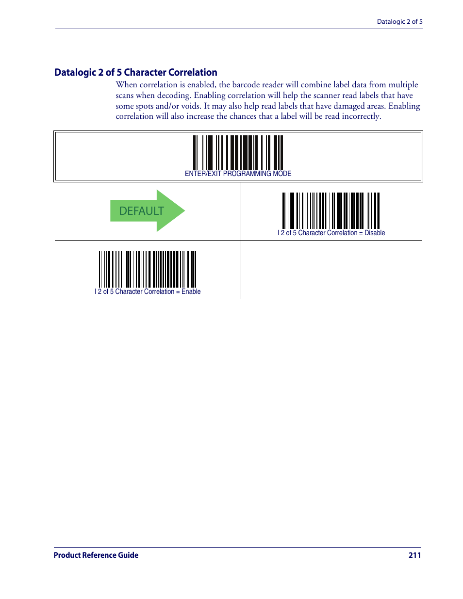 Datalogic 2 of 5 character correlation, Default, Datalogic 2 of 5 — cont | Rice Lake Datalogic QuickScan QD2100 Linear Imager Hand-held Scanner User Manual | Page 219 / 320