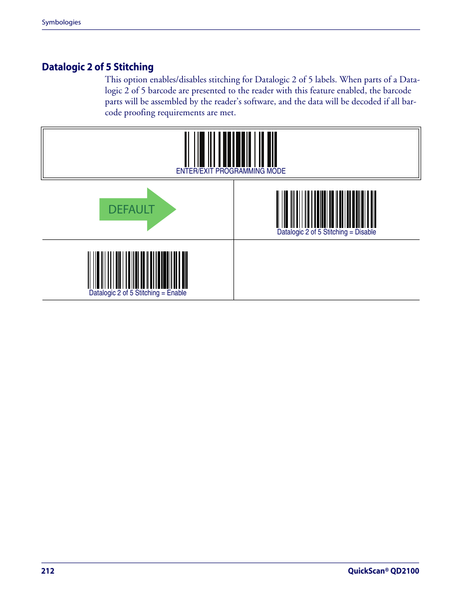 Datalogic 2 of 5 stitching, Default, Datalogic 2 of 5 — cont | Rice Lake Datalogic QuickScan QD2100 Linear Imager Hand-held Scanner User Manual | Page 220 / 320