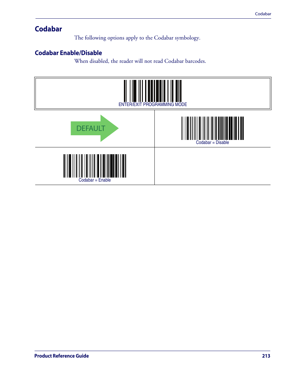 Codabar, Codabar enable/disable, Default | Rice Lake Datalogic QuickScan QD2100 Linear Imager Hand-held Scanner User Manual | Page 221 / 320