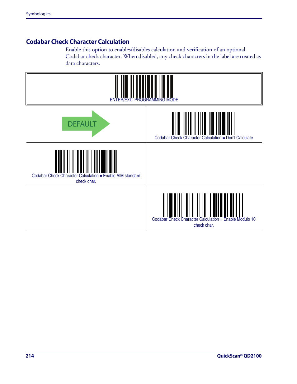 Codabar check character calculation, Default, Codabar — cont | Rice Lake Datalogic QuickScan QD2100 Linear Imager Hand-held Scanner User Manual | Page 222 / 320