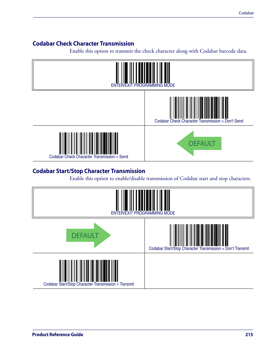 Codabar check character transmission, Codabar start/stop character transmission, Default | Codabar — cont | Rice Lake Datalogic QuickScan QD2100 Linear Imager Hand-held Scanner User Manual | Page 223 / 320