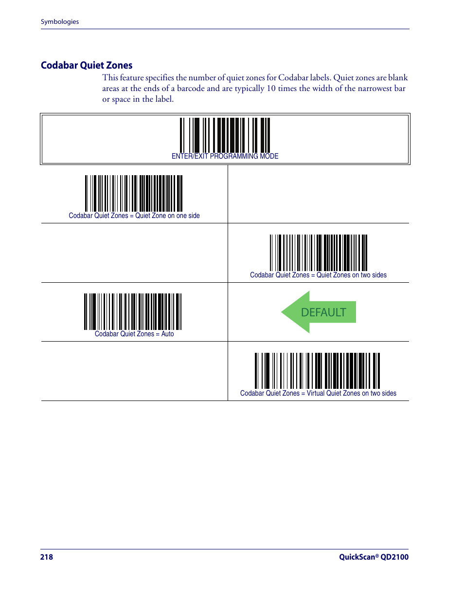 Codabar quiet zones, Default, Codabar — cont | Rice Lake Datalogic QuickScan QD2100 Linear Imager Hand-held Scanner User Manual | Page 226 / 320