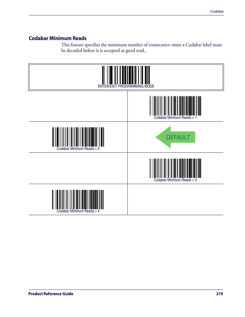Codabar minimum reads, Default, Codabar — cont | Rice Lake Datalogic QuickScan QD2100 Linear Imager Hand-held Scanner User Manual | Page 227 / 320