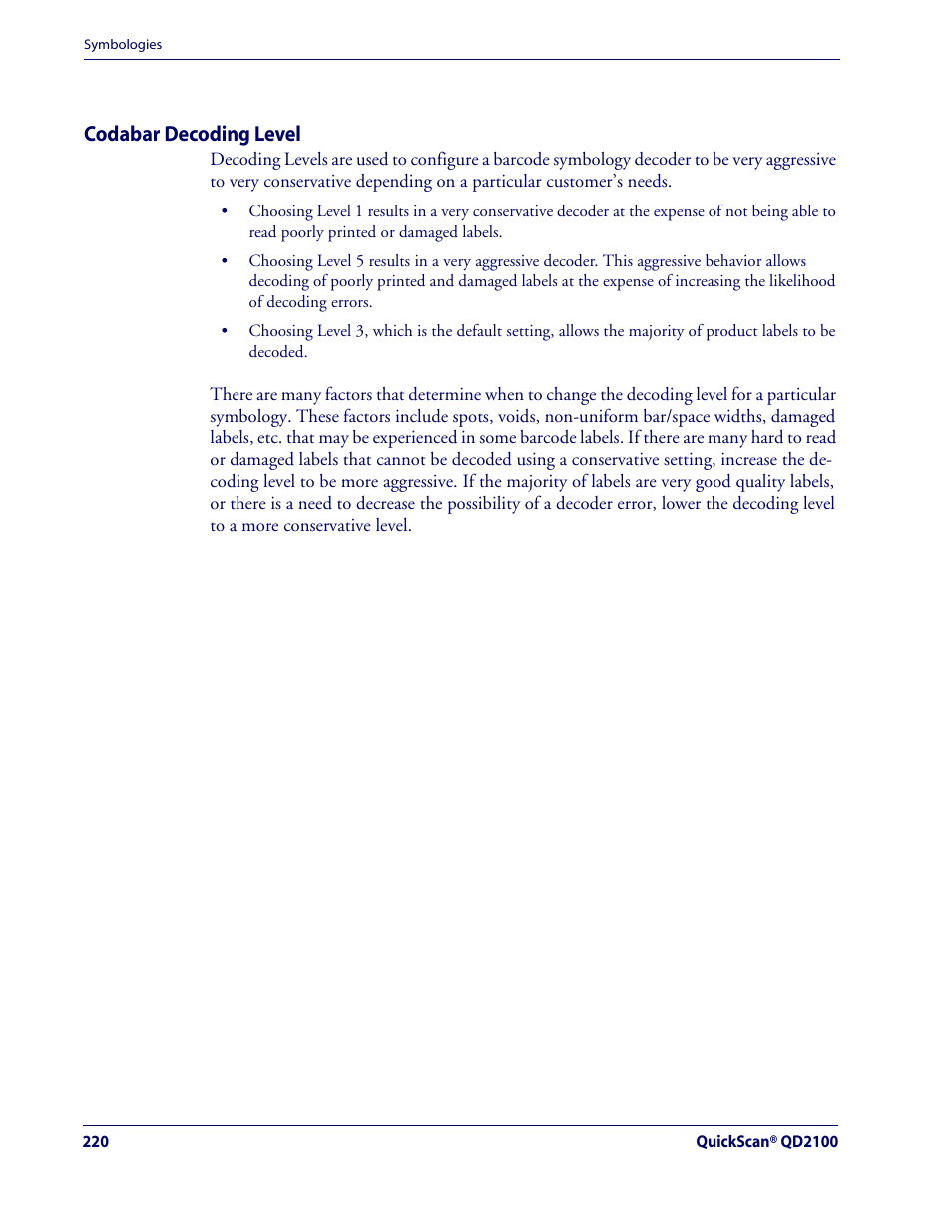 Codabar decoding level, Codabar — cont | Rice Lake Datalogic QuickScan QD2100 Linear Imager Hand-held Scanner User Manual | Page 228 / 320