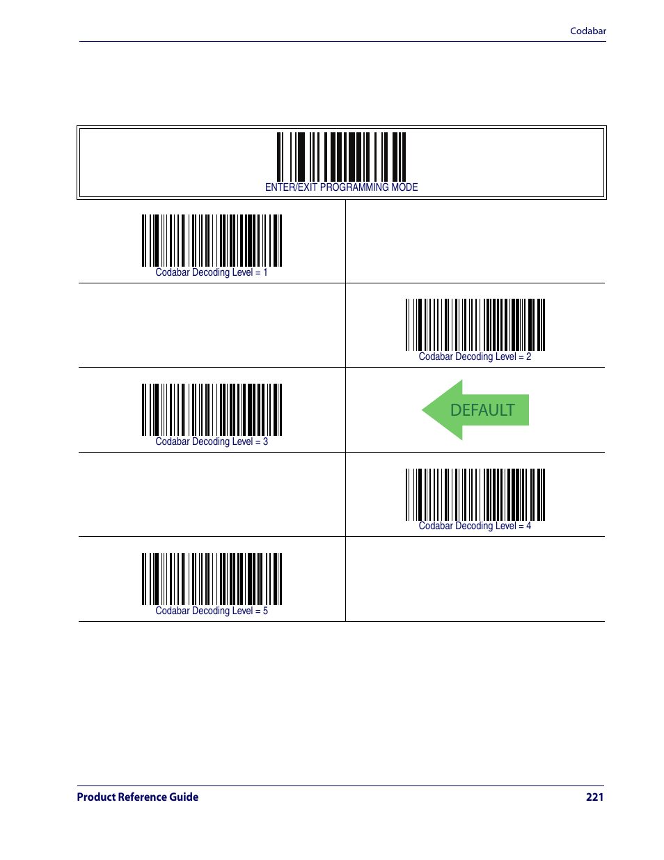 Default, Codabar — cont, Codabar decoding level — cont | Rice Lake Datalogic QuickScan QD2100 Linear Imager Hand-held Scanner User Manual | Page 229 / 320